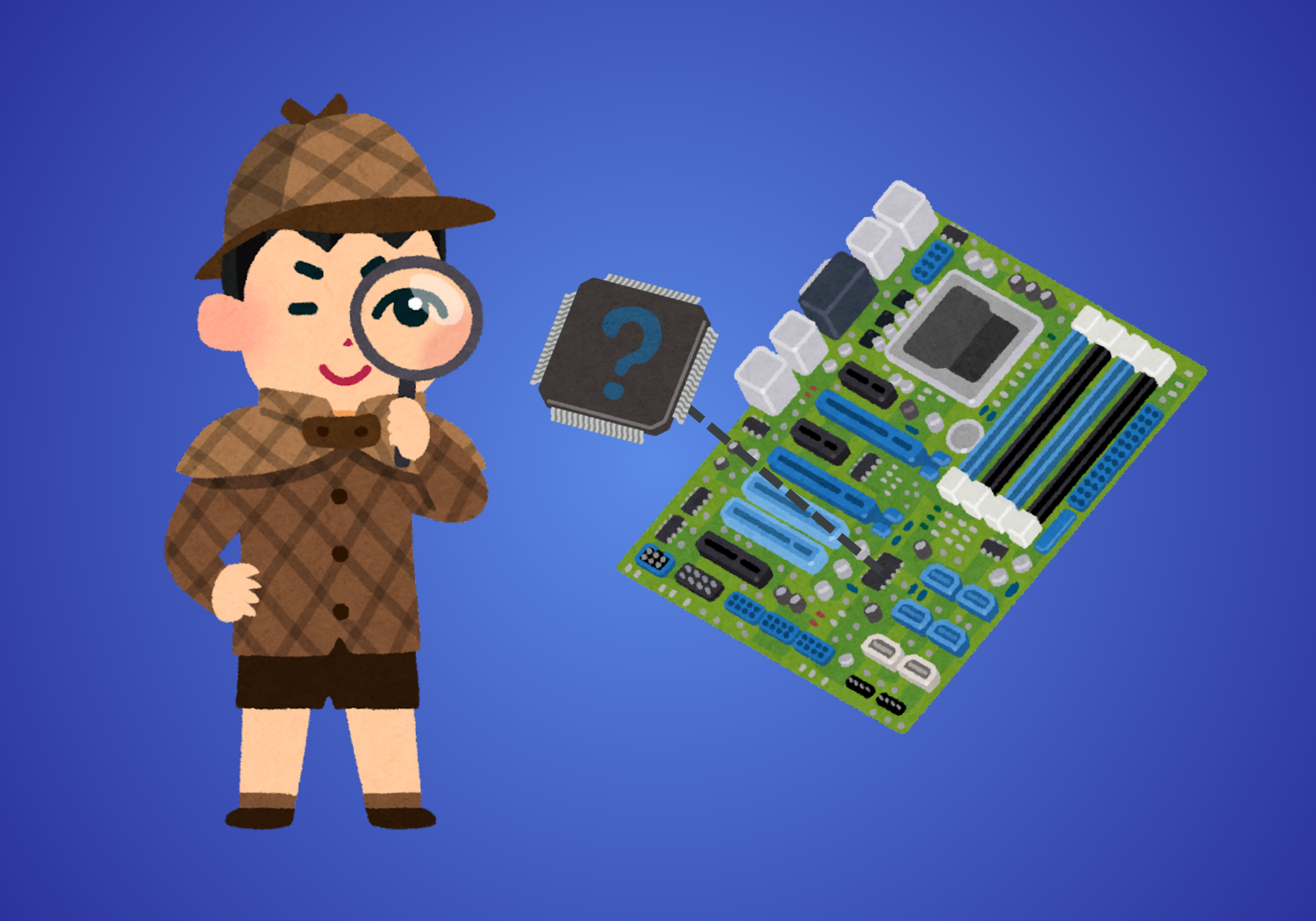 An old-fashioned detective in a trench coat peers at the firmware of a device's board through a magnifying glass.