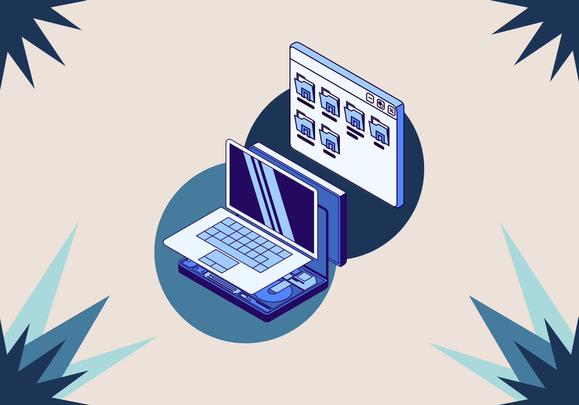 A laptop sliced in half to reveal it's hardware and an operating system file manager window float amidst a tan background surrounded by blue spikes.
