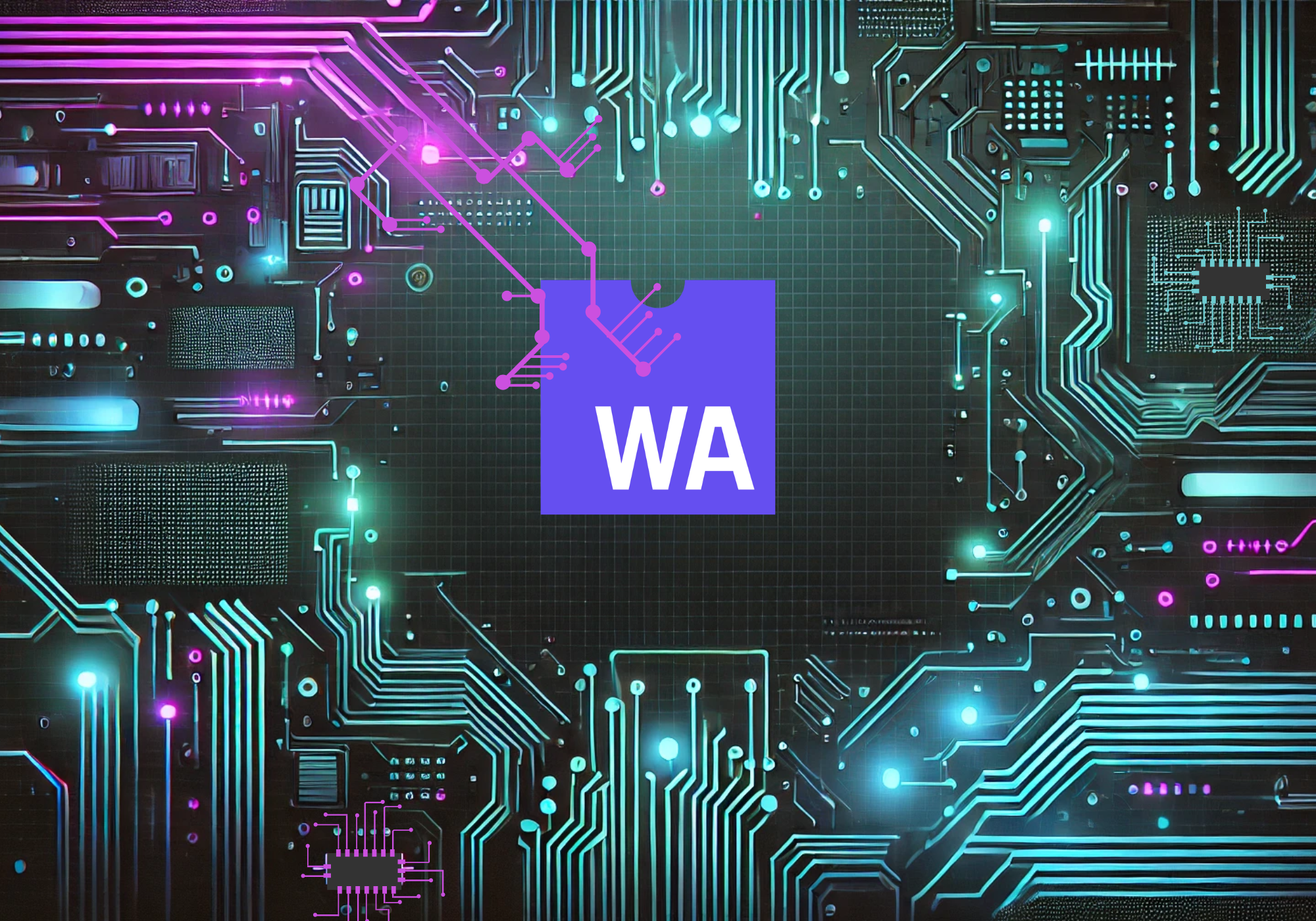 a WebAssembly logo block is suspended amidst neon circuitry glowing in the dark, but a few tendrils of circuits are slowly creeping onto the WebAssembly logo.