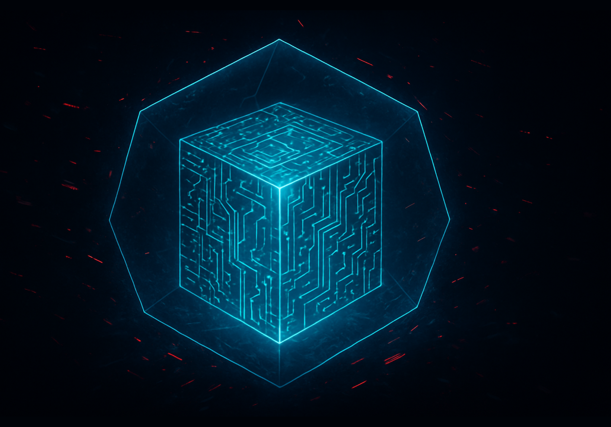 A blue cube floats in deep dark space protected by a glowing firewall from malicious red attacks