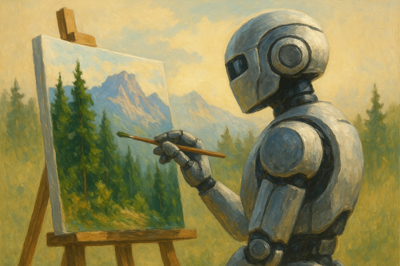 A robot paints a beautiful scene of a forest amidst the mountainside on a canvas in nature.