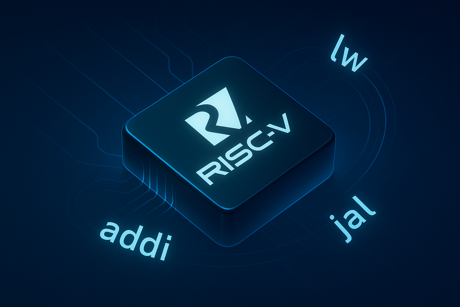 A floating RISC-V chip is surrounded by assembly mnemonics.