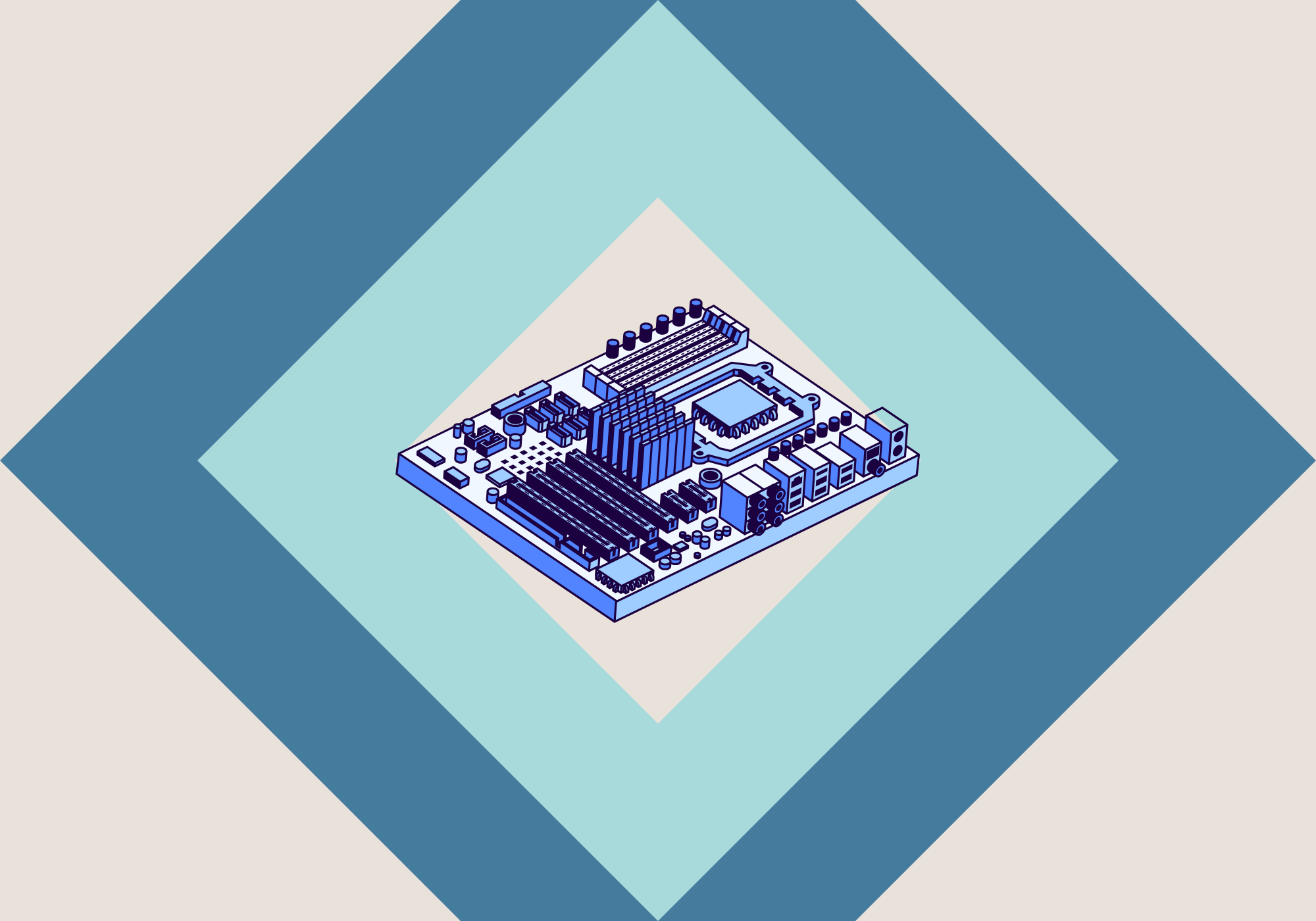 A RISC-V development board is displayed within a diamond geometric pattern.